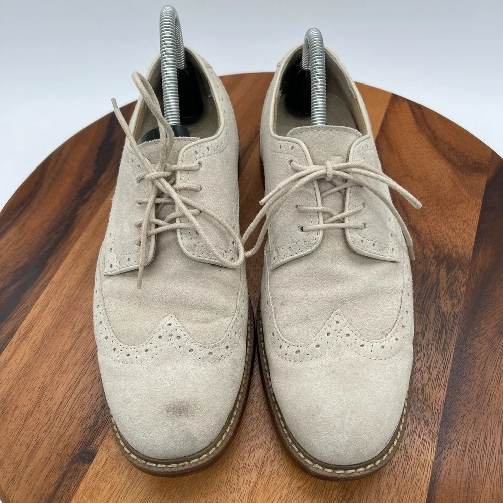 GH Bass & Co Shoes Mens 9.5 D‎ Beige Pembroke Suede Oxford Leather Dress Wingtip